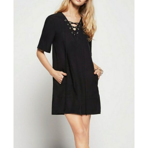 BCBGeneration Shift Mini Shirt Dress Womens XXS 2XS Black Lace Up Pockets - Picture 1 of 16